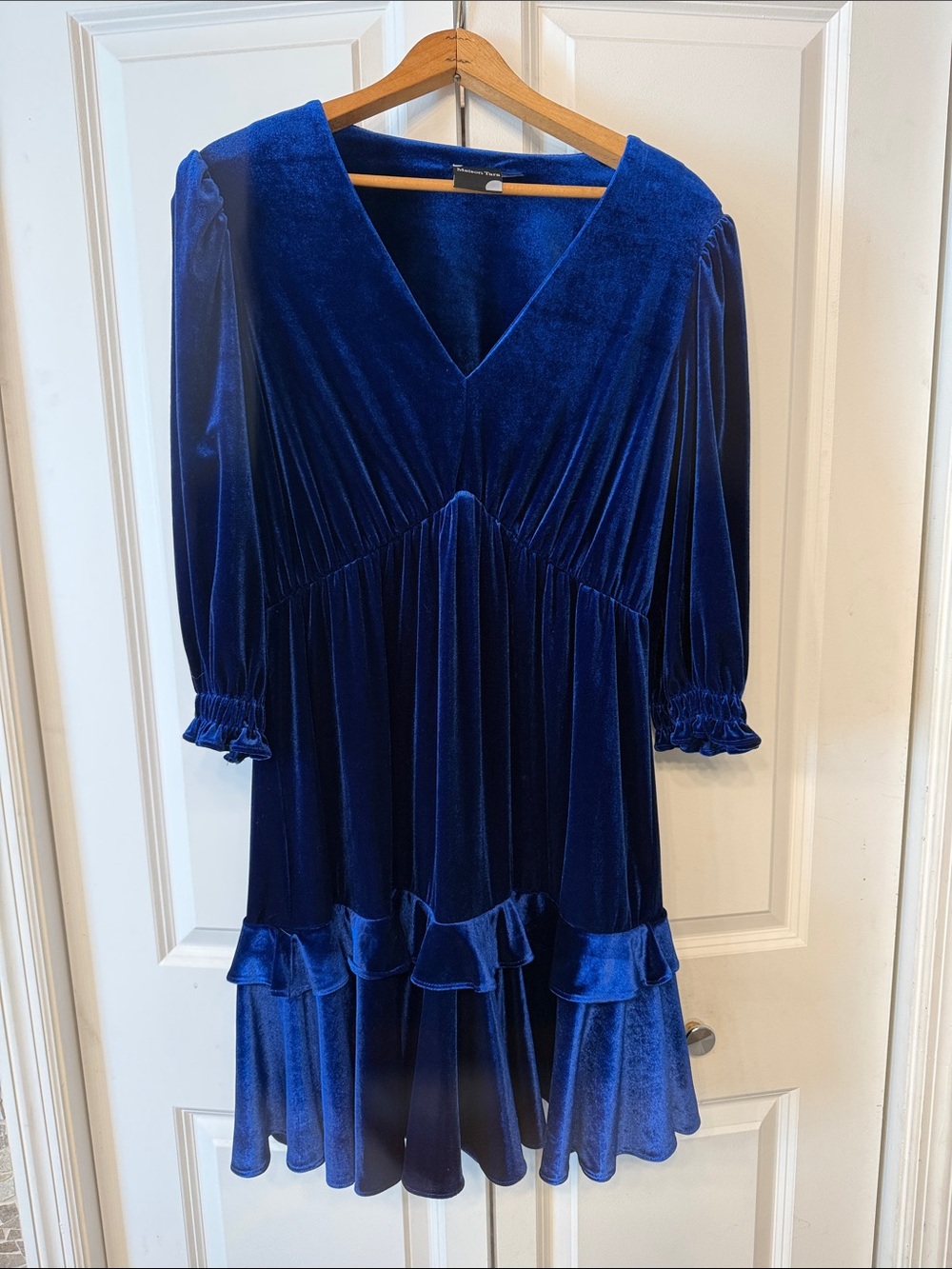 Maison Tara Royal Blue Velvet V-Neck Ruffle Dress. NWOT